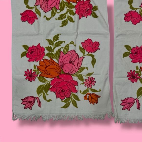 Vintage 60s Sun Glow Fuchsia Pink Orange Floral Bath Towel Set Pair Made in USA - Picture 4 of 13